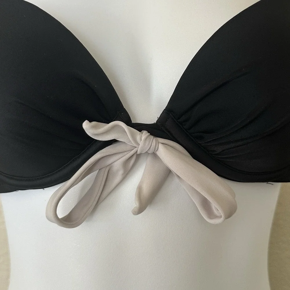 Victorias Secret Bikini Top Black Cream Halter Tie Bow Front 34a